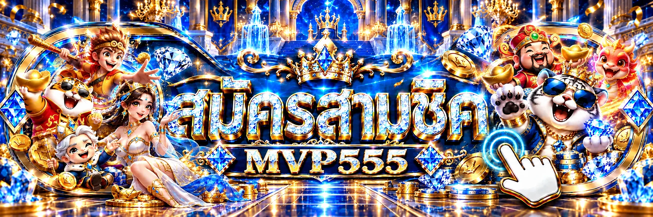 ปุ่มเข้าสู่ระบบ MVP555 พร้อมตัวละครเกมและคริสตัล